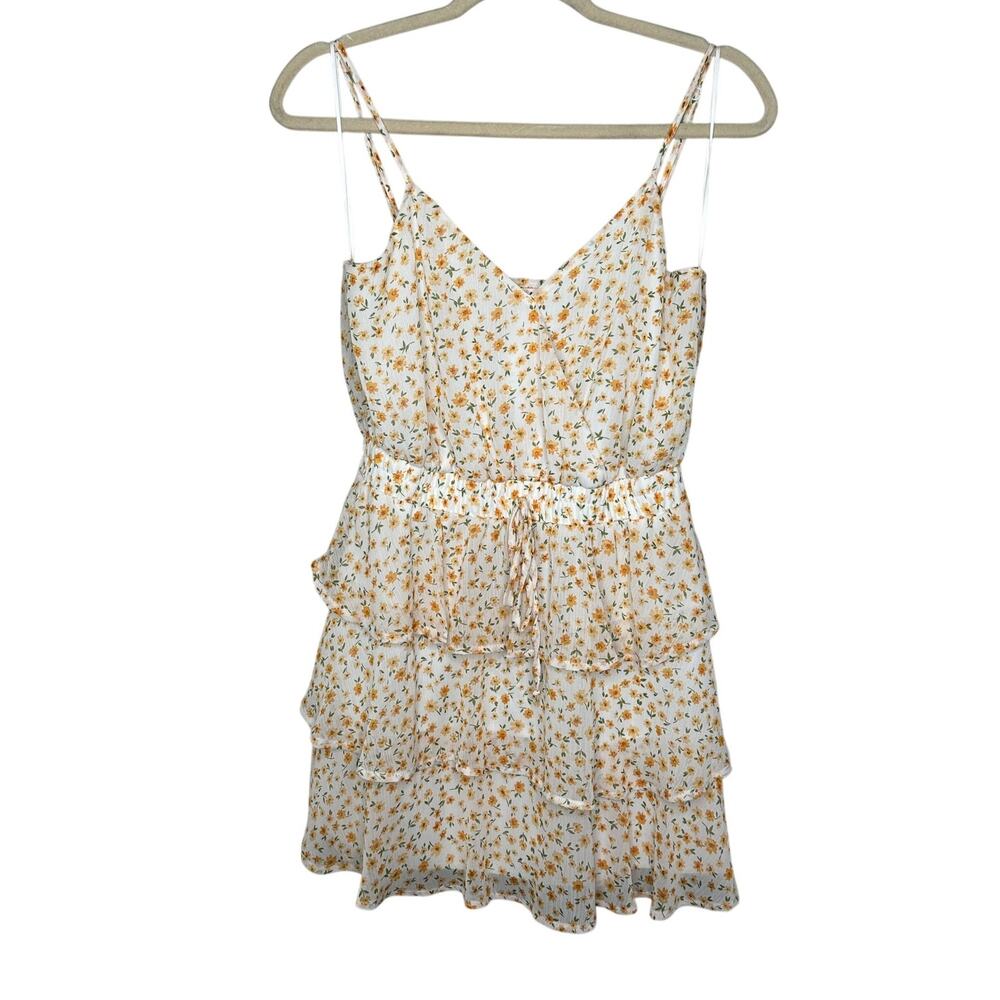 Mi Ami Mini Dress Yellow White Floral 3 Tiered V-Neck Adjustable Straps Boho M